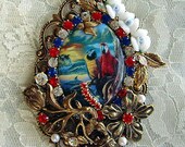 Tropical Birds In Paradise Cameo Pin Brooch/Pendant NEW One Of A Kind Signed