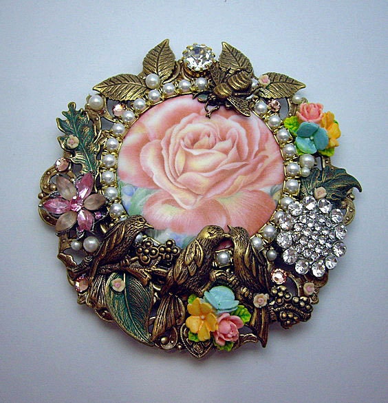 Pink Rose Love Birds Cameo Pin Brooch/Pendant OOAK Caroline Erbsland Signed BIG