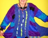 Silk Upcycled Ruched wearable art Tunic in blue purple teal black