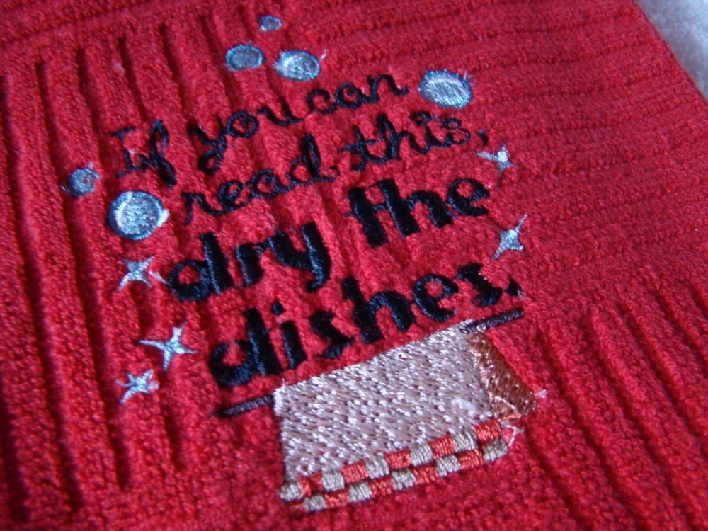 Red kitchen towel - dry the dishes embroidered