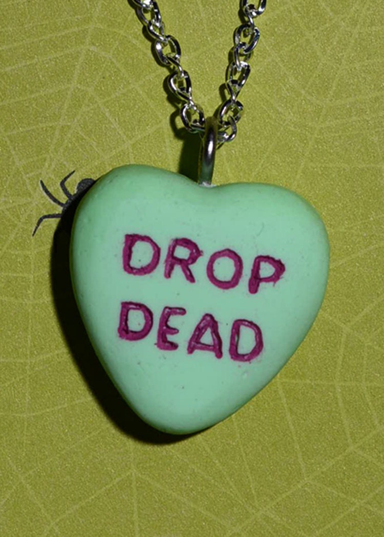 Candy Heart  Message  Necklace  - Drop Dead - Candy Heart - Gruesome Green