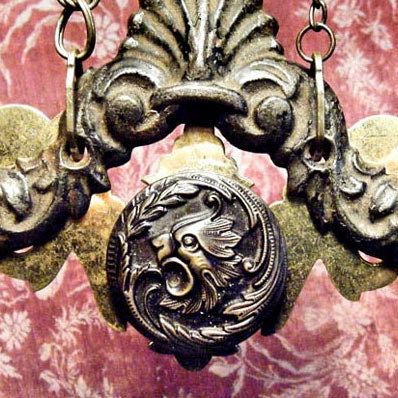 GROTESGUE - Steampunk Victorian Gothic - Antique Hardware - Vintage Picture Button - Altered Art Assemblage Mens, Womens Necklace - OOAK