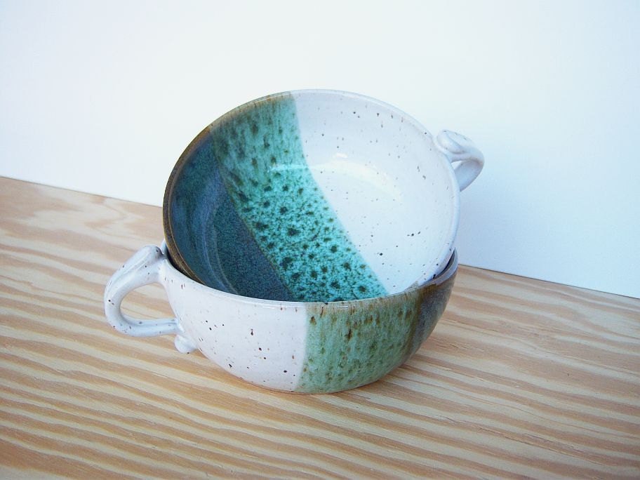 Sea Mist and White One Handle Stoneware Bowls Set of 2