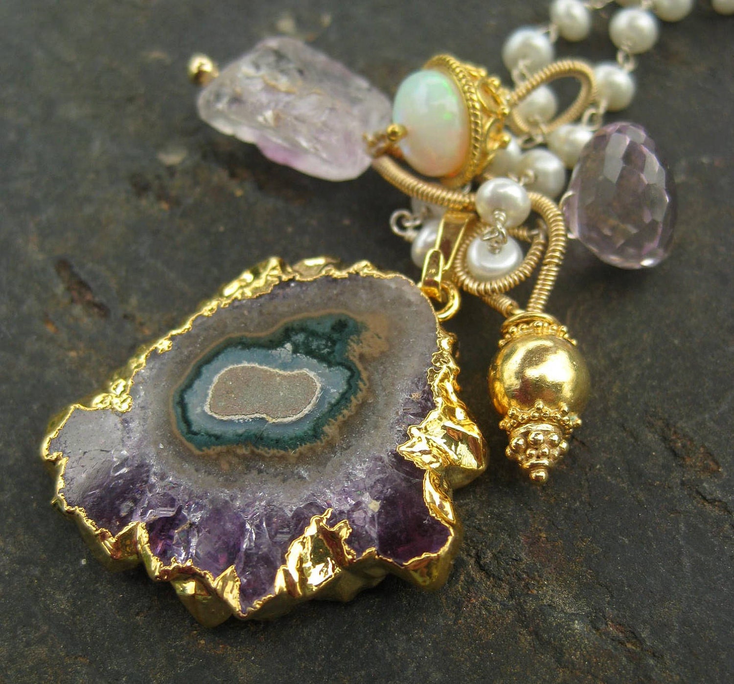 Amethyst stalactite and opal charm necklace in 14k gold fill  --Siren's Delight--