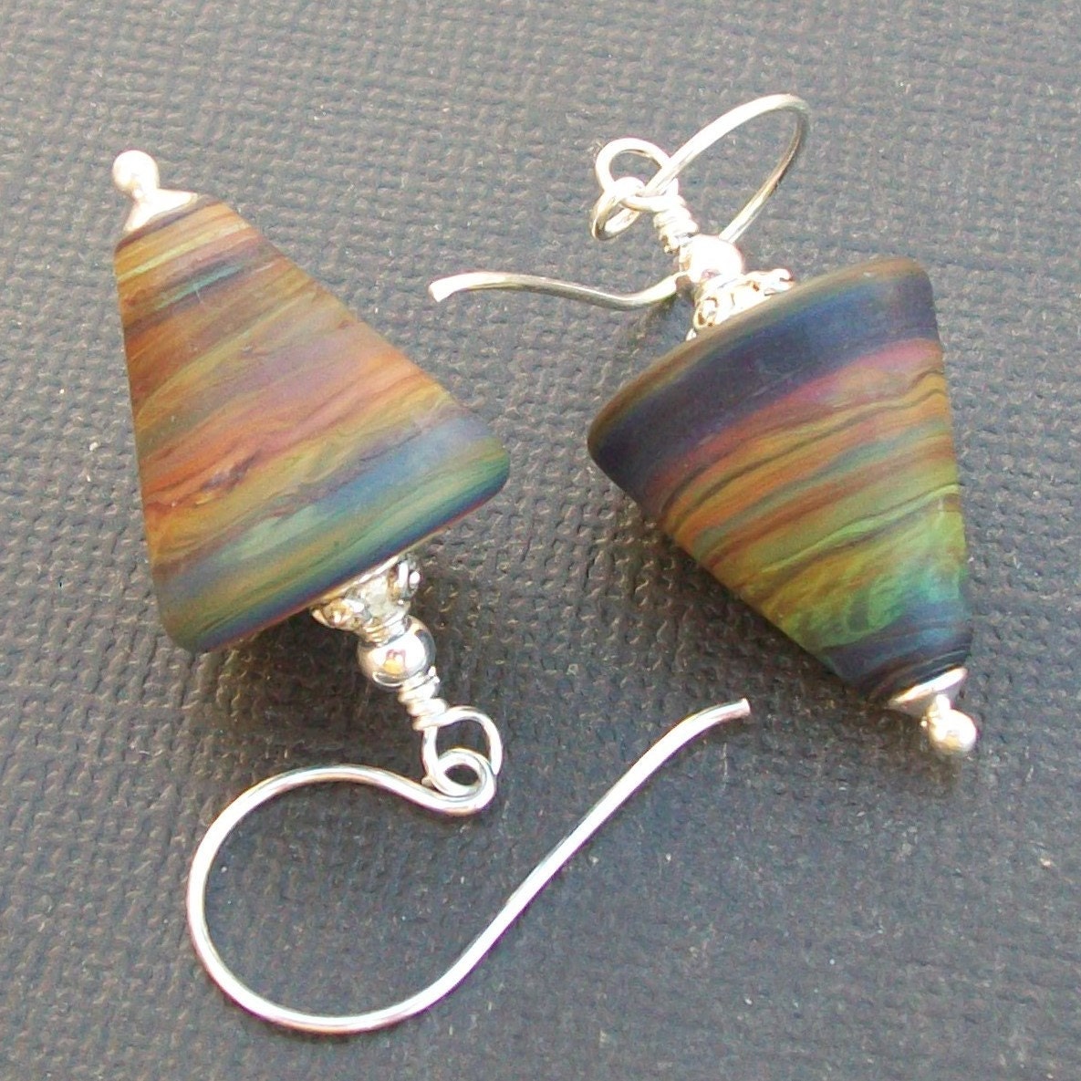 lampwork glass earrings cone shaped charcoal green orange, blue matte swirls- feuer