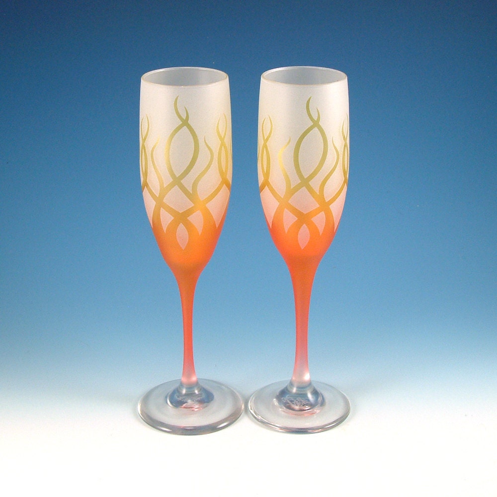 Champagne Flutes - Etched and Painted Glass - Strands design - Yellow Gold and Orange Frost