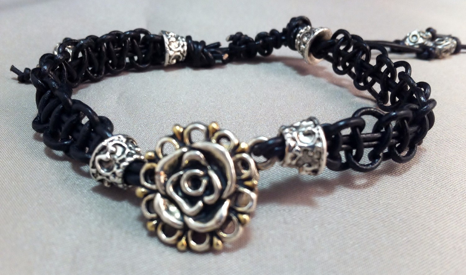 Antique Silver and Gold Rose and Leather Macrame Bracelet