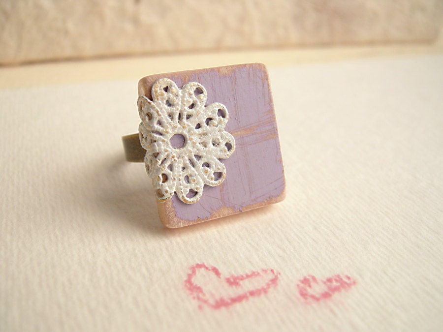 Country Chic Filigree Adjustable Scrabble Tile Ring - Lavender & Lace