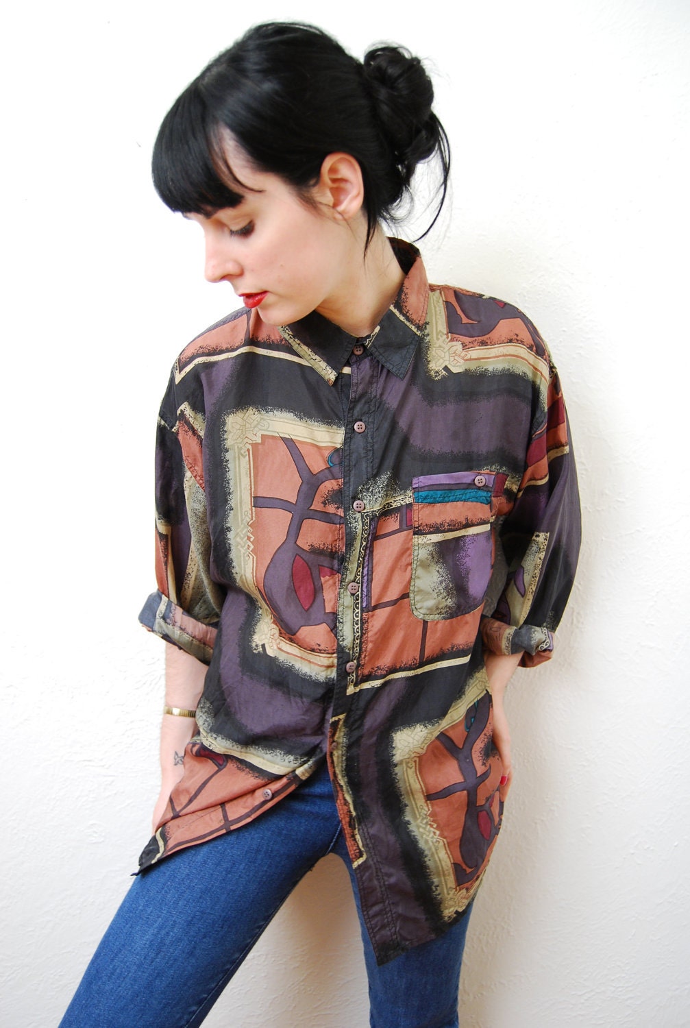vintage 1990s / silk / blouse / abstract  / art / Mondrian / print / over size / S-M