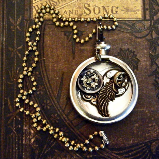 TRAPPED: HEART - Steampunk Victorian Vintage Pocket Watch, Bronze Wing Necklace - Valentine Love - OOAK