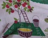 Kitsch fruit tree and farmhouse scene 1950's vintage material "instant collection" of two large cotton pieces