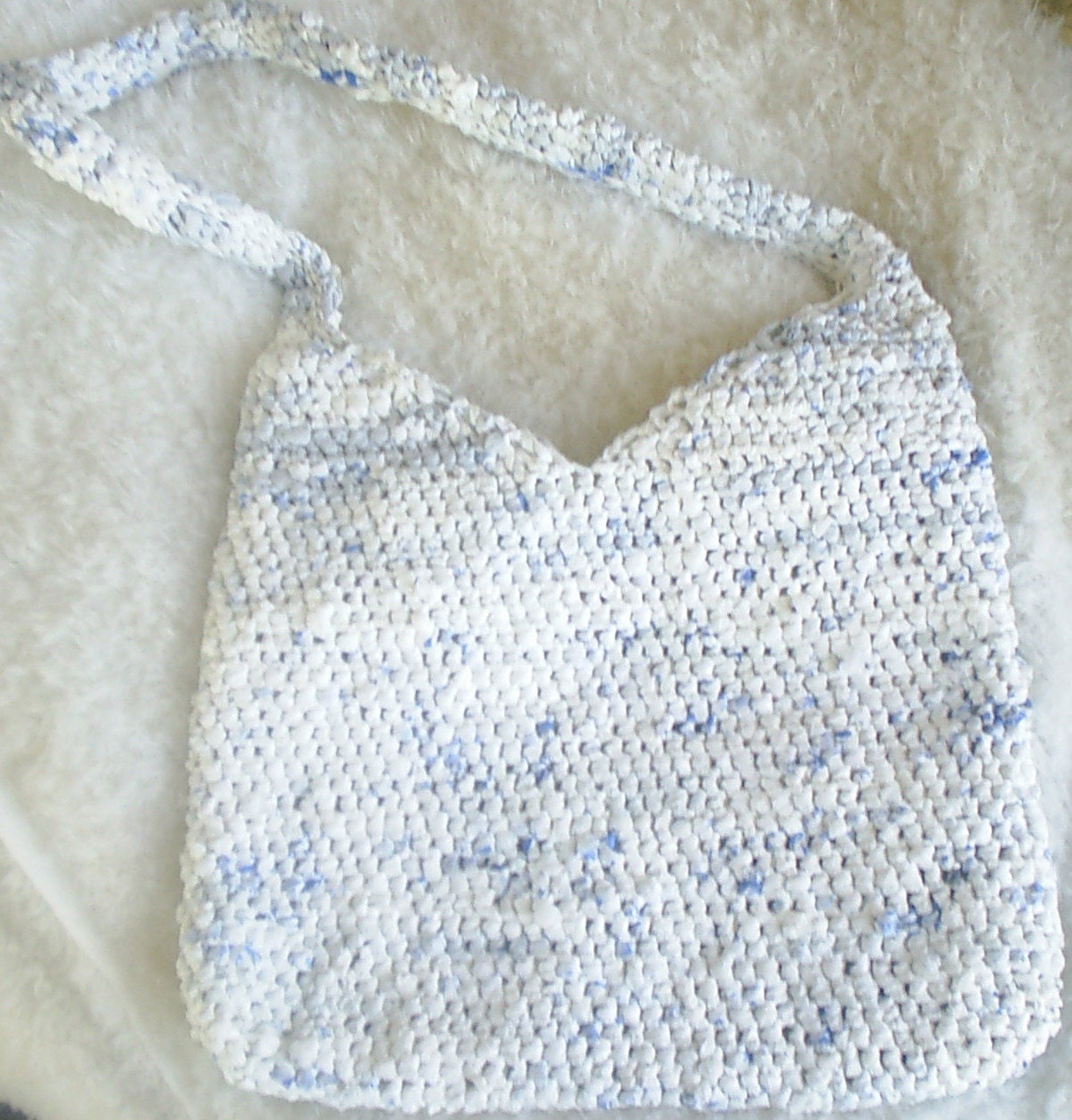 White and blue crocheted plarn over the shoulder bag