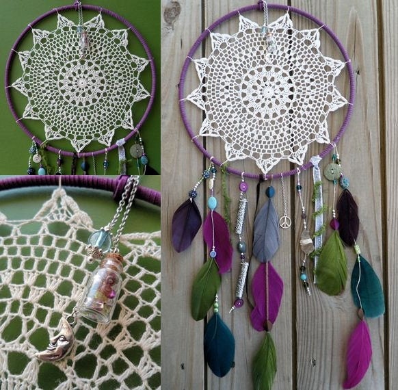 Dream Catcher - Peace - Doily - Moon - Green, Purple, Blue - Boho - Large