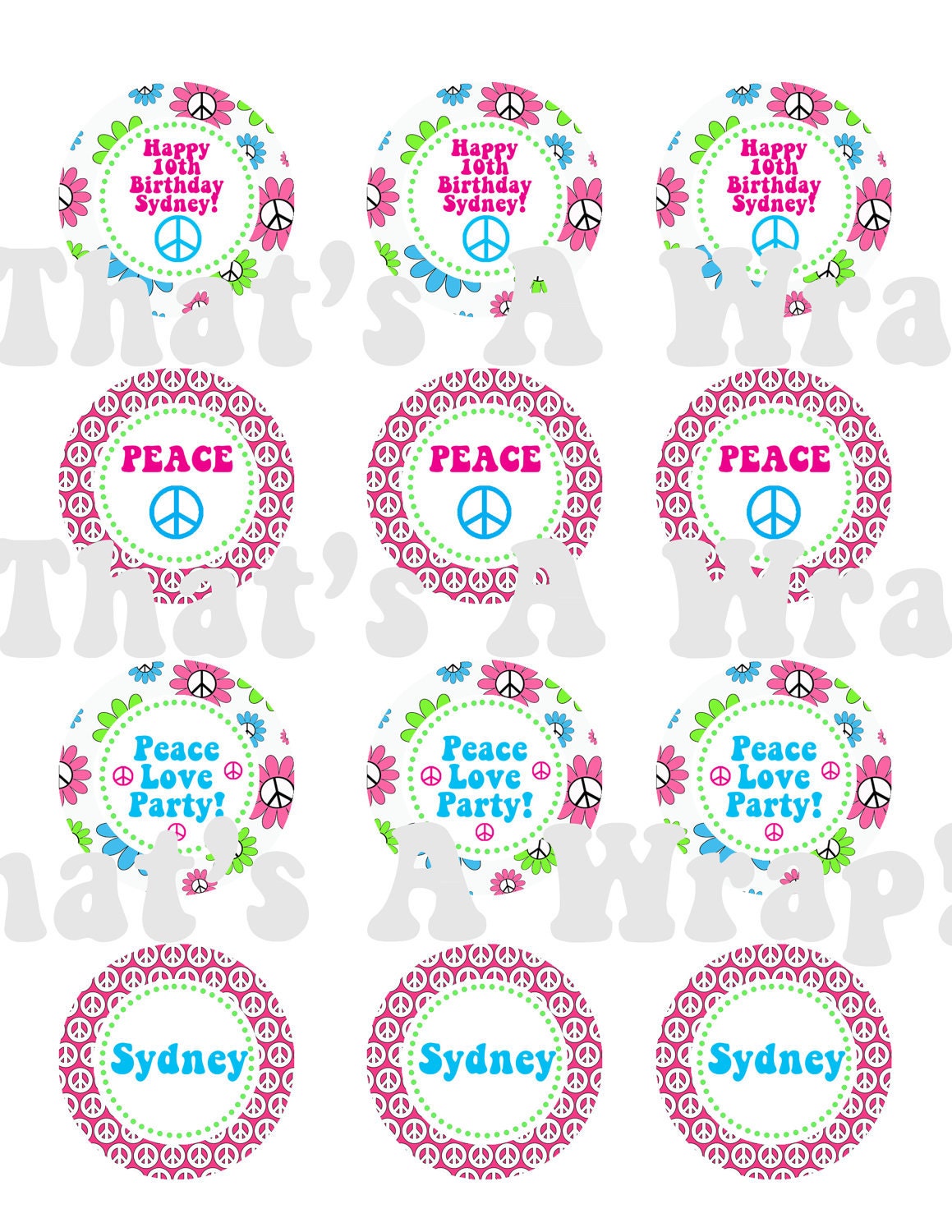 Peace Sign Birthday Party Circles Tween Teen Birthday DIY Printable Cupcake Toppers Favor Tags