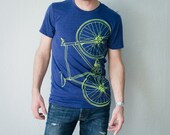 Large - Fixie Bike - adult tshirt, lime green bicycle on indigo tri-blend