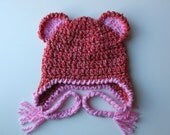 Crochet Soft Chunky Textured Pink / Rose /Beige Bear Baby Ear flap  Hat for  Girl Photo Prop - size Newborn / 0 - 3 mo  - Made To Order