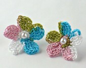Crochet Earrings Flower Stud Earrings Hypoallergenic Pink Turquoise White Spring Green