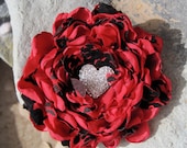 Red and Black Satin and Chiffon Flower Brooch, Pin, Hair Clip with a Beautiful Rhinestone Heart Accent - theraggedyrose