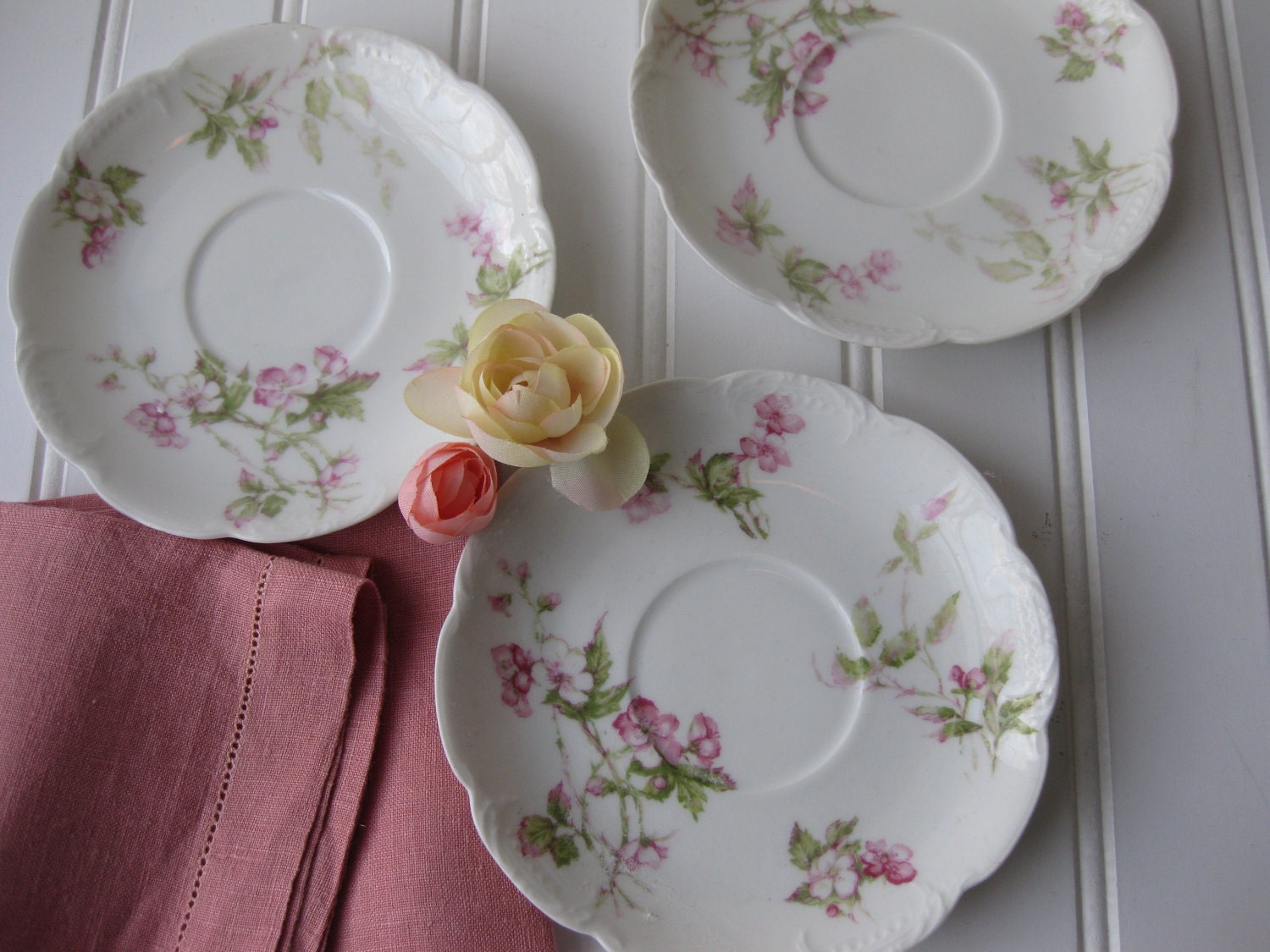 Vintage Haviland Limoges Pink Green Floral Saucers Set of Three