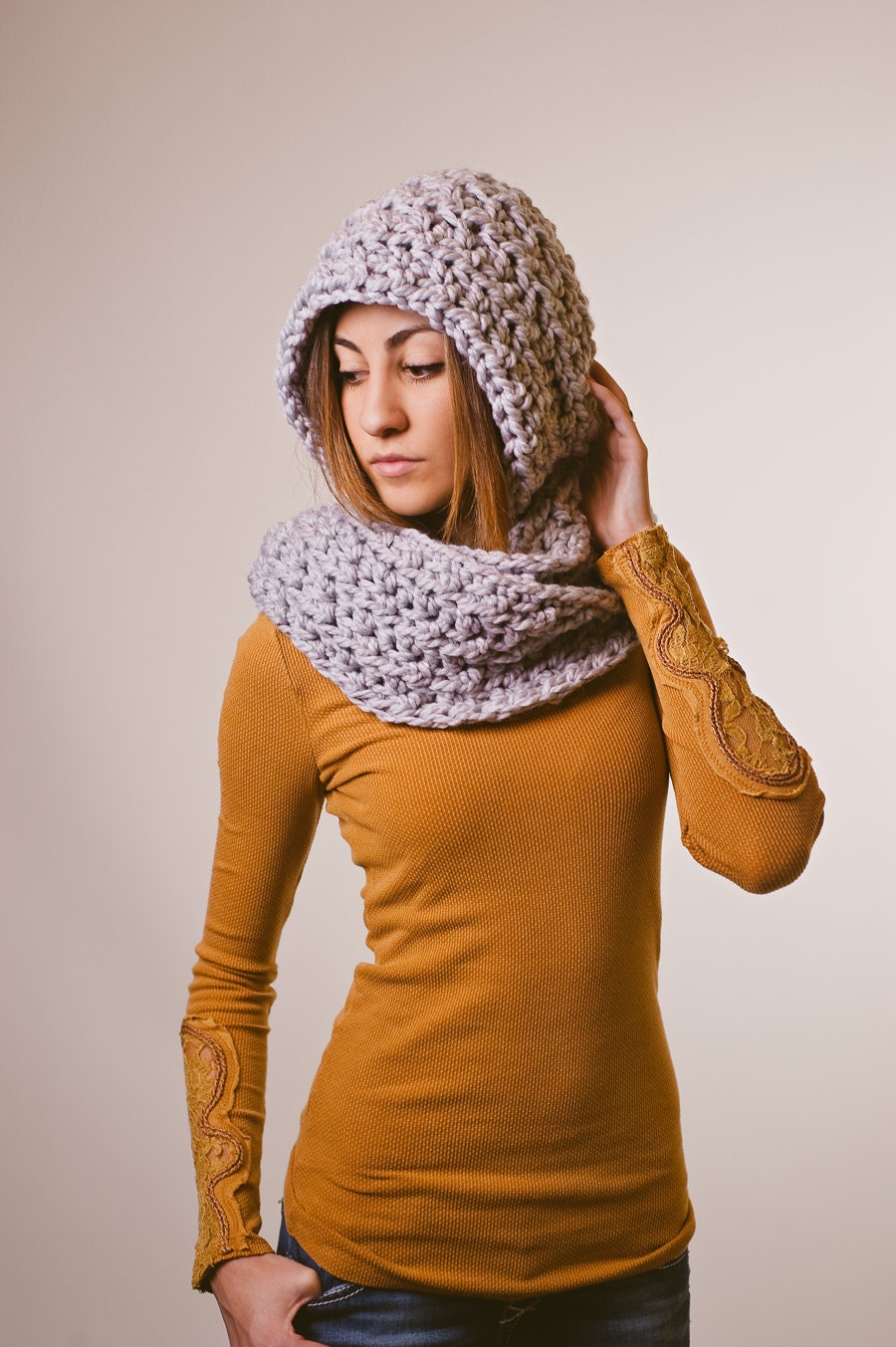 Hooded scarf, chunky, gray, pewter,         READY-TO-SHIP