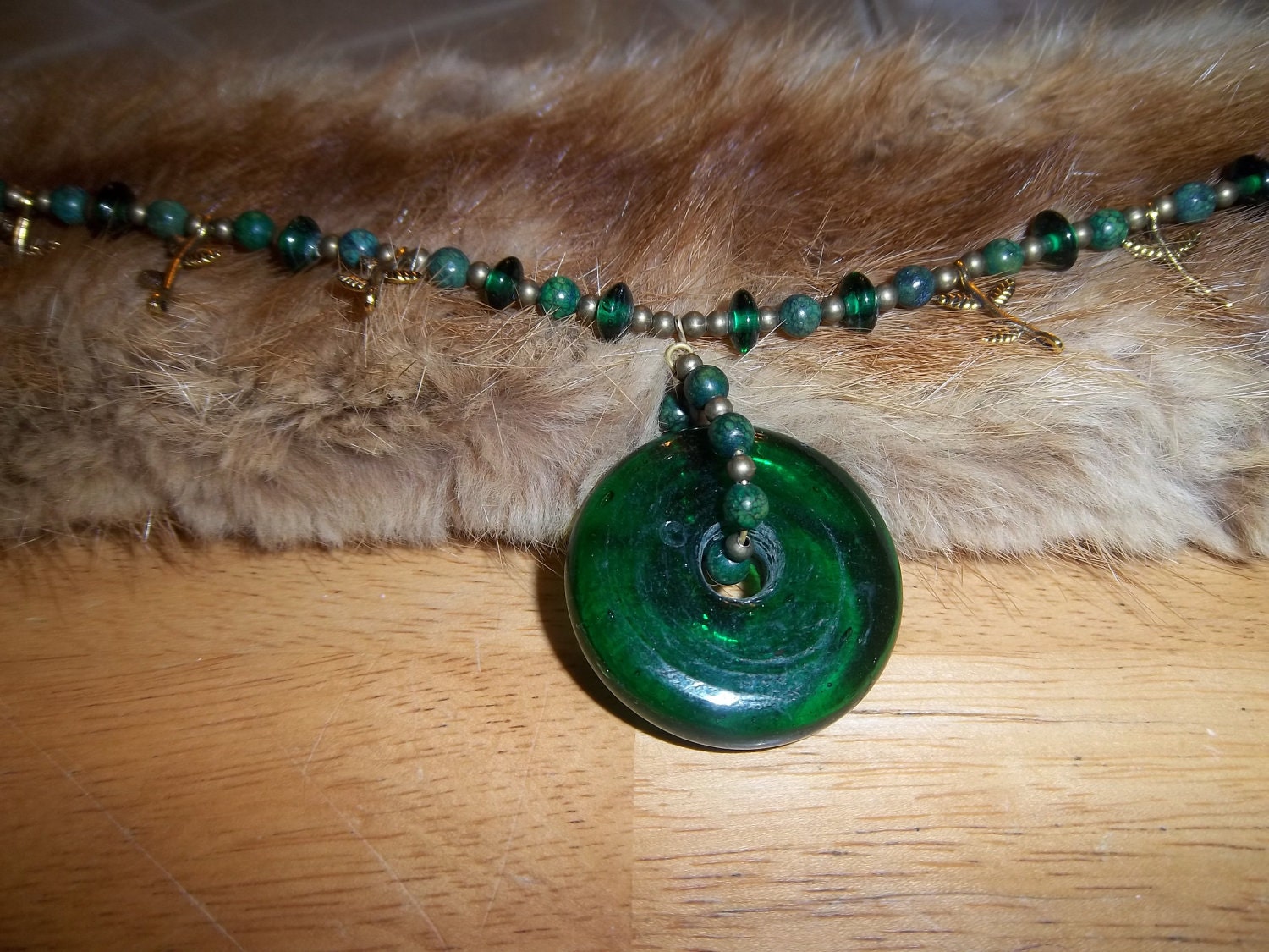 In the Dark Woods Green Stone and Glass Necklace OOAK