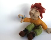 Needle Felted Nature-Loving, Red-Haired Troll With Butterfly