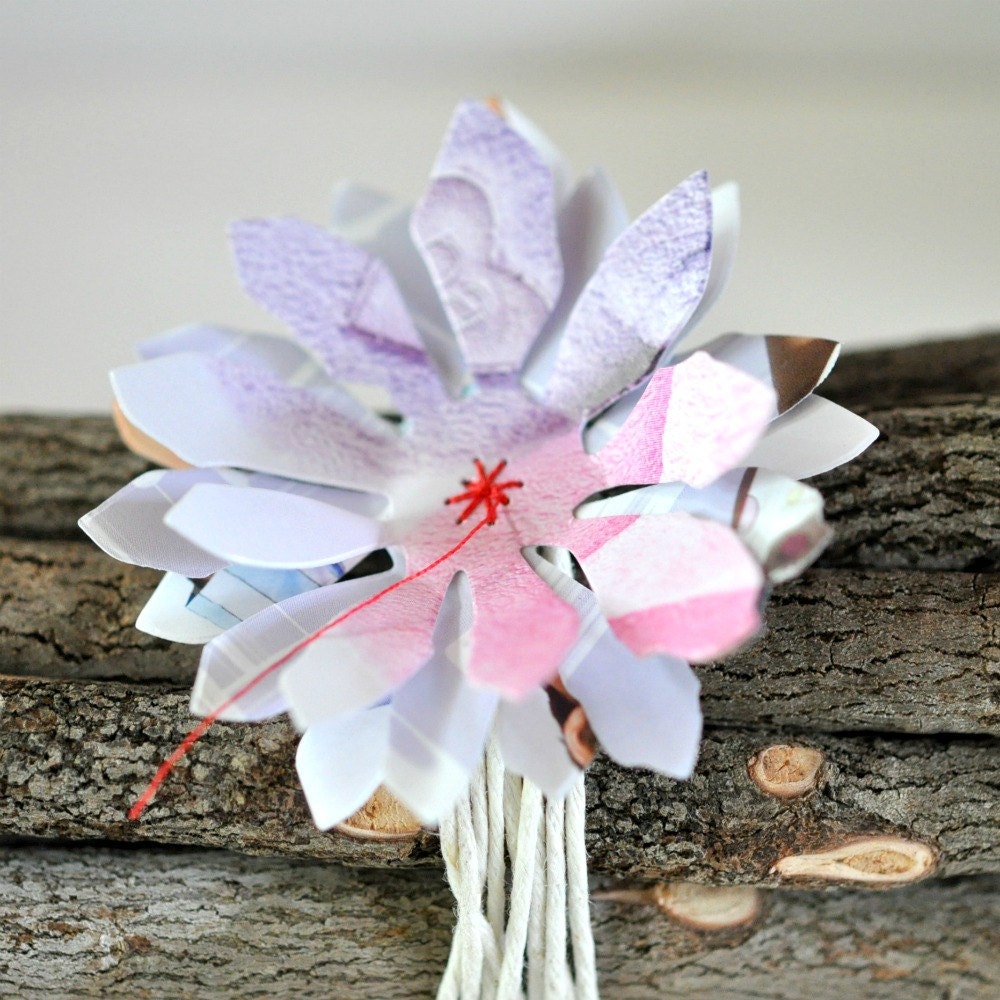4  Recycled Paper Stitched Flower Adornments