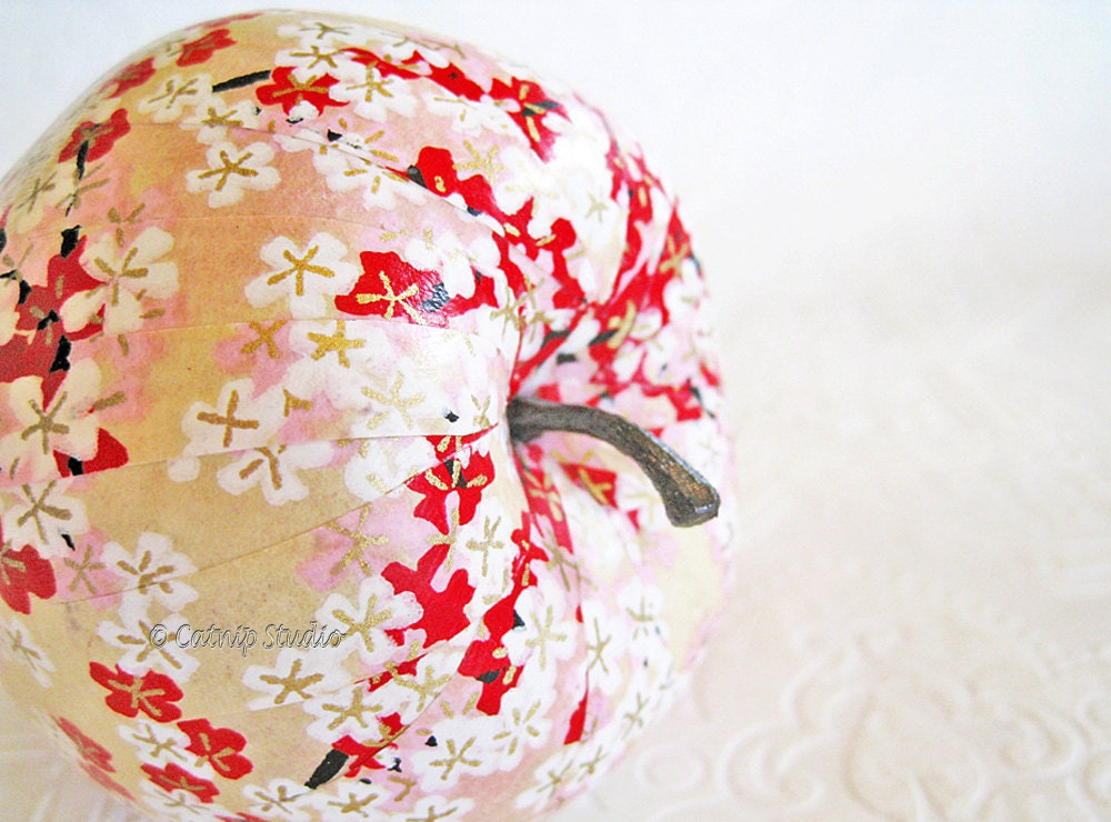 Red Apple Ornament decoupage origami pink cream cherry blossoms floral