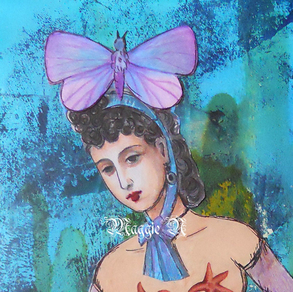 Mermaid with a Butterfly Garland - Original mixed media - 9 x 12 Inches