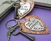 HEARTFELT -  1 Hand Stamped Rustic Antiqued Copper and Sterling Silver Key CHAIN - Custom Personalized Anniversary, Wedding, bridesmaid gift