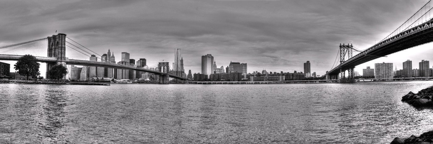 New York City, NY Skyline and Brooklyn and Manhattan Bridge View BW, NYC - Panoramic - 12x36 Fine Art Print