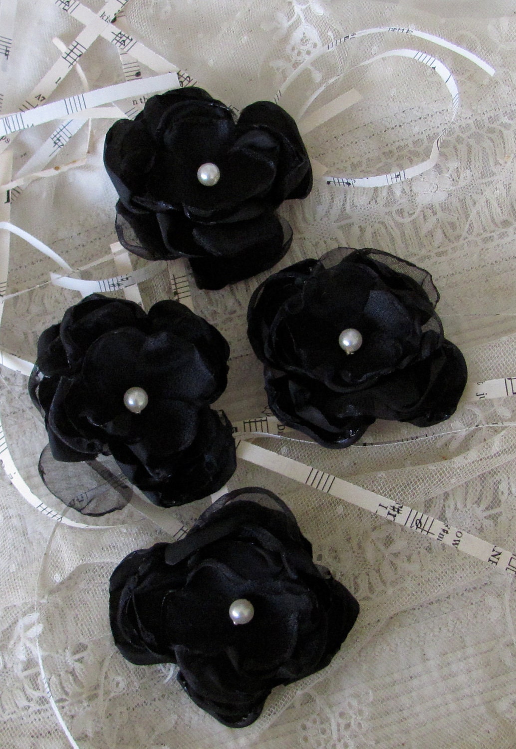 Fabric Flowers Set of 4 Black