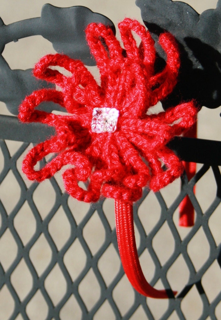 Red Crocheted Double Flower with Vintage Button Embellished Red Headband