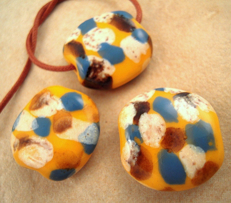 3 Kazuri African Beads, Kazuri Beads, Glazed, Yellow, African Beads, Ceramic, Spotted Blue, Brown, White Spots, Made in Kenya