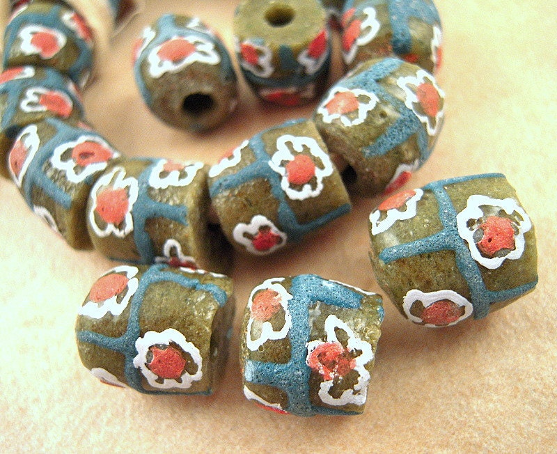 9 African Beads, African Glass Beads, African Green Glass Beads with Flowers, Powder Glass Beads, Ghana Beads