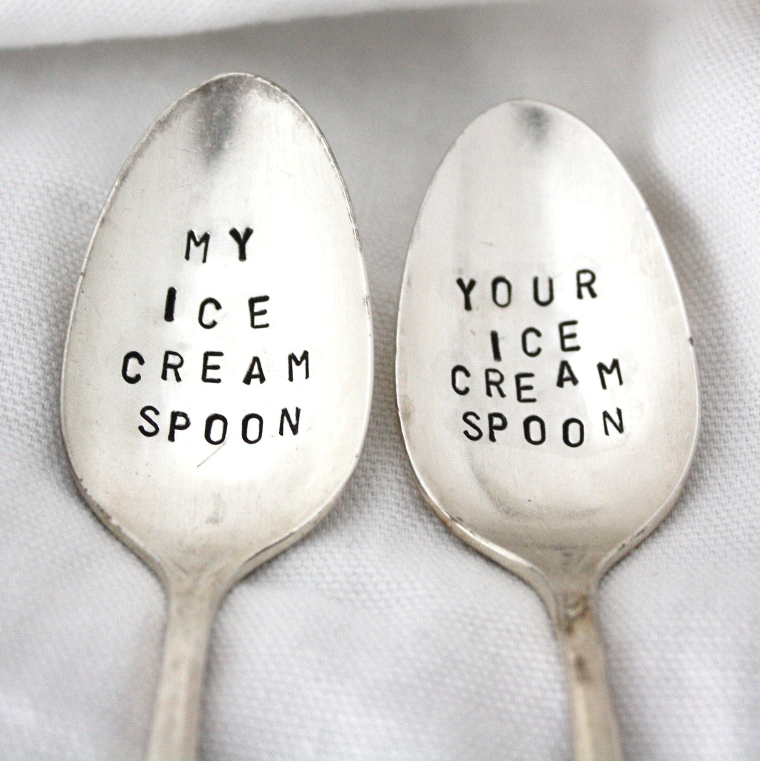 My Ice Cream Spoon/ Your Ice Cream Spoon, hand stamped vintage silver, set of 2