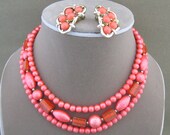 Bright Coral Vintage Necklace Set Triple Strand