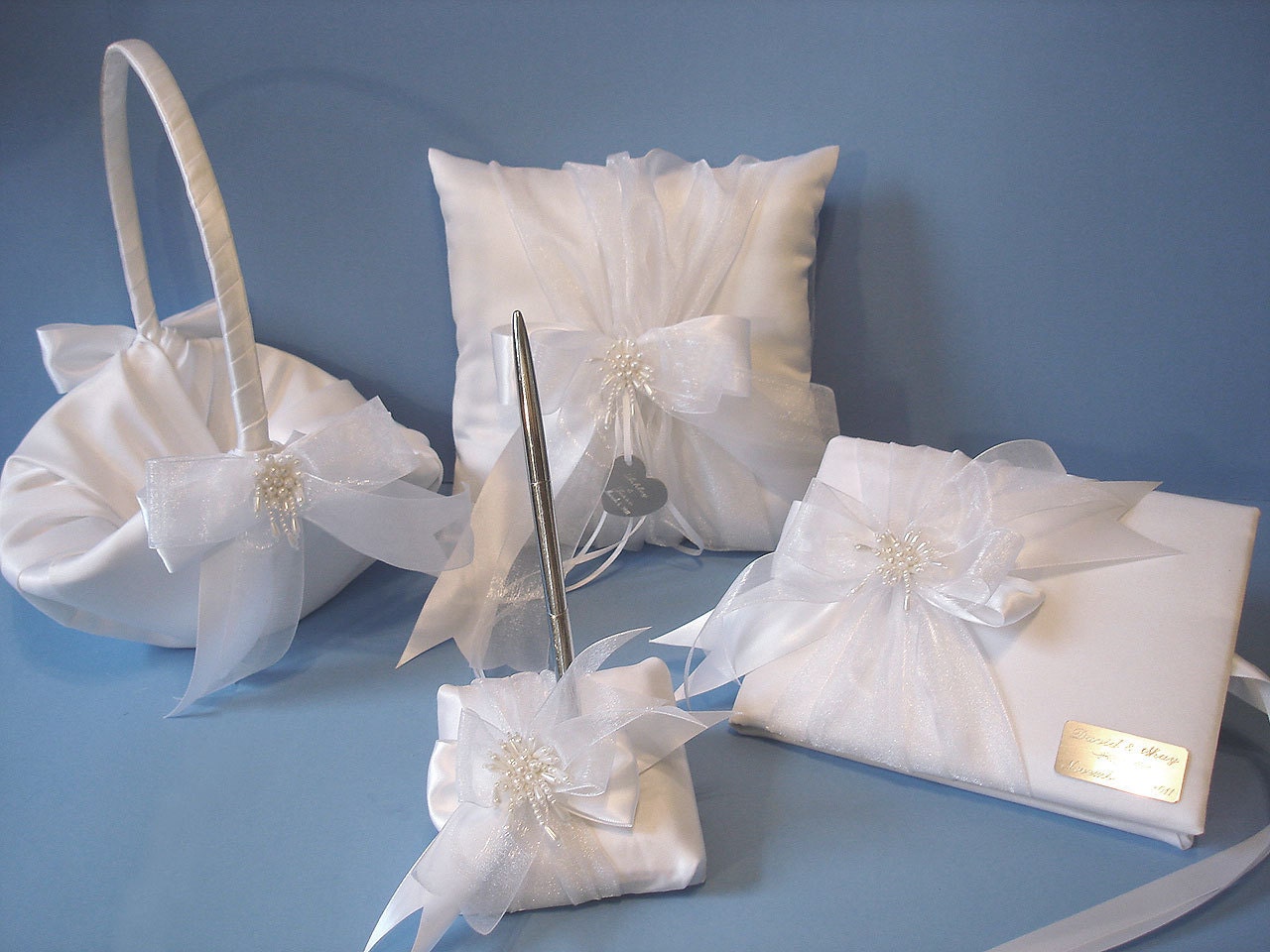 Wedding Accessories, Guest Book, Pen, Flower Girl Basket, Ring Bearer Pillow, with Pearls and Engraving