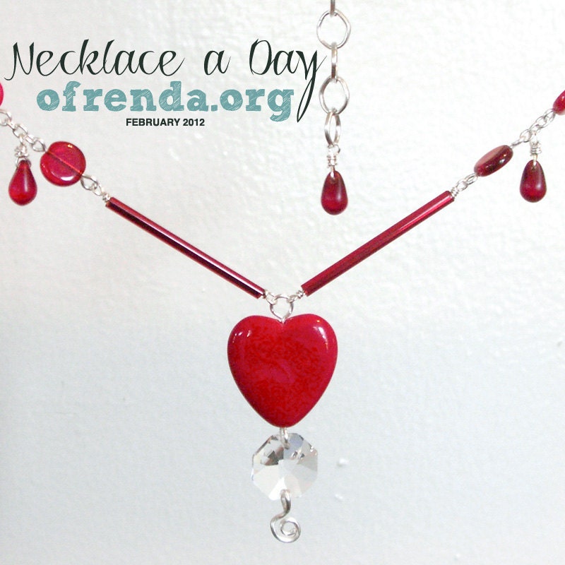 Red glass heart & chandelier crystal Valentines necklace