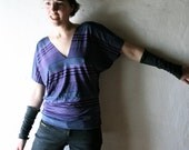 Purple Striped V-neck batwing Jersey Tshirt Top