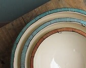 Three nesting bowls blue and orange, geometric stripe bowls, spring garden wedding gift, home decor gift for him