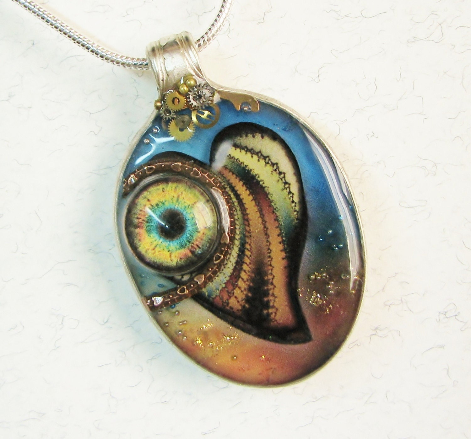 Spoon Pendant, Steampunk Heart Necklace with Eye, Patchwork Heart, Sterling Silver Chain