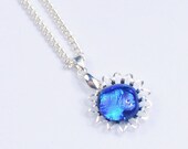 Blue Jewelry Dichroic Glass Silver Flower Pendant Necklace, Dichroic Glass Pendant, Blue Jewellery, Turquoise Cat Pendant, Sterling Silverr