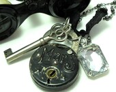Old Trinkets Steampunk Necklace Skeleton Key Lock Vintage Crystal Long Exclusive Design By Mystic Pieces