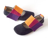 Women ballet flats slippers Hiver Noir house shoes in charcoal wool, linen & ramie, custom made black mary janes
