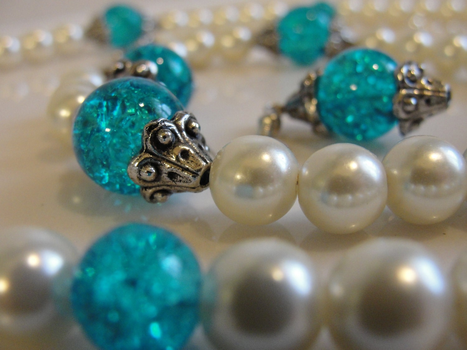 White Pearls and Blue Shattered Glass -Womens Necklace, Bracelet, and Earring Set