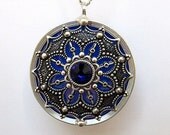 Stained Glass Pendant Necklace Medallion Filigree Victorian Iridescent Cobalt Blue