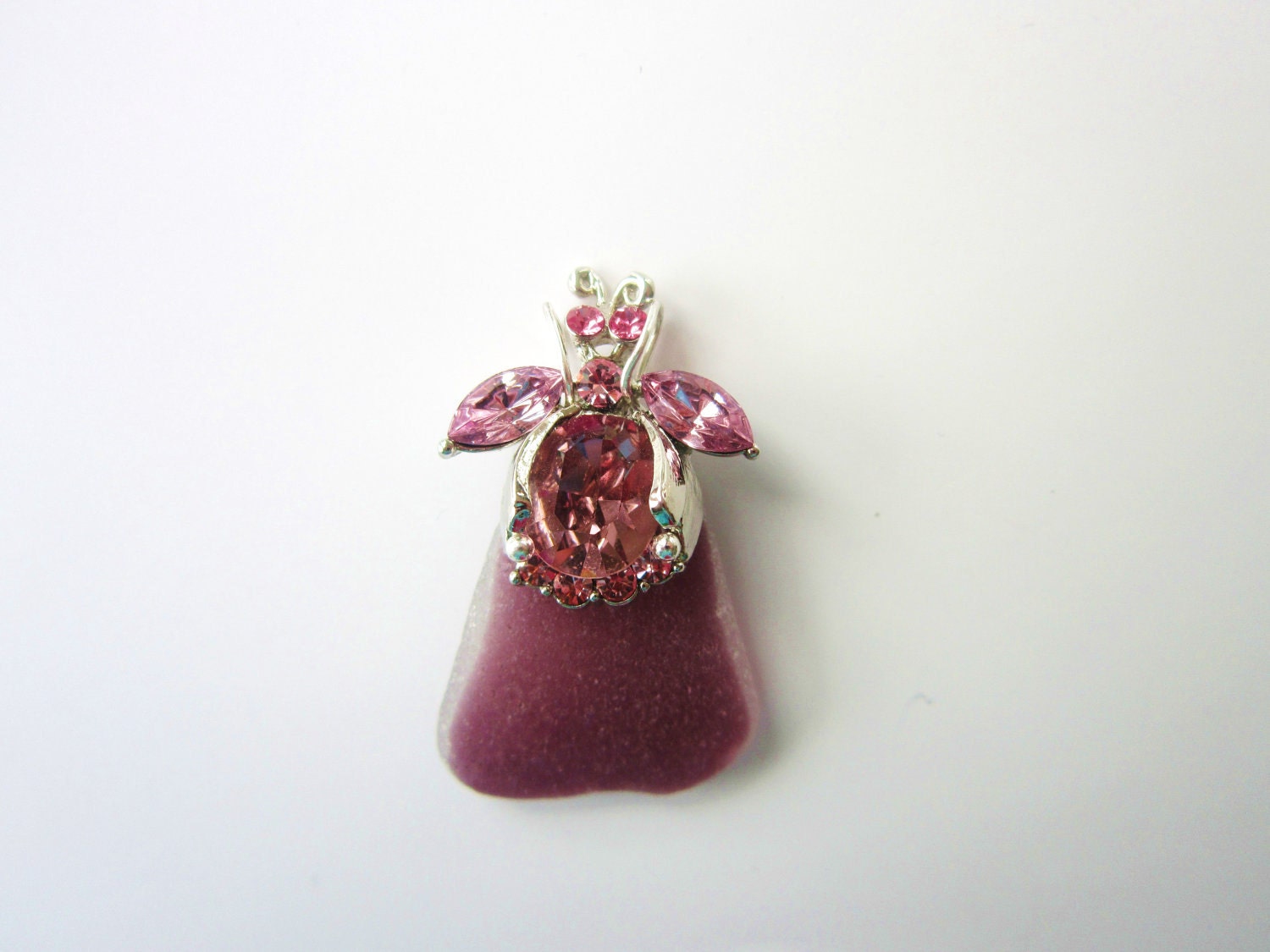 Purple Sea Glass Pendant with pink bee