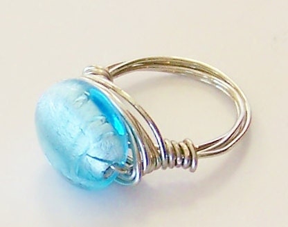 Aqua Blue Glass Bead Wire Wrapped Silver Ring - ready to ship in a size 7.5, custom sizes available