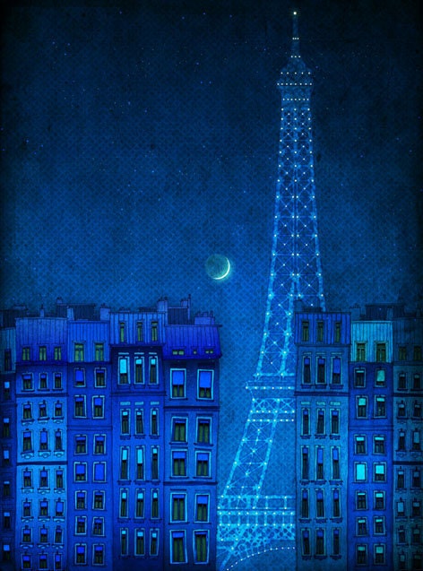 The lights of the Eiffel tower  - Paris illustration - Paris art illustration print - Paris decor -Love, turquoise, blue, France, French